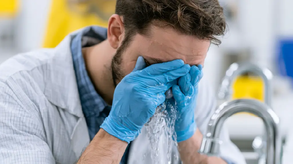man flushing eyes with eye shower